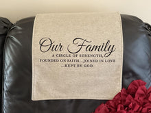 Load image into Gallery viewer, Headrest Cover for Furniture, with &quot;Our Family&quot; Digitally Imprinted
